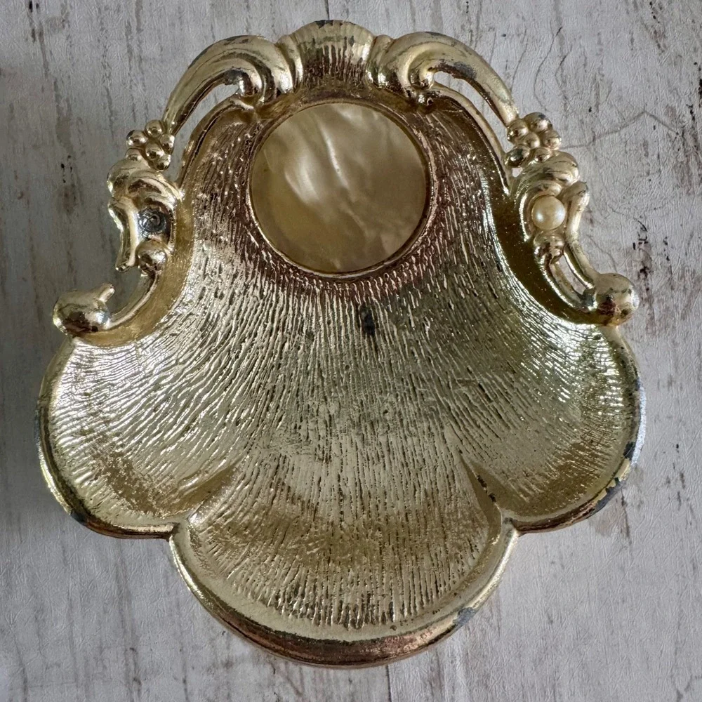 Vintage Hollywood Regency Gold Shell Trinket Dish Footed Faux Pearl Jewelry Tray